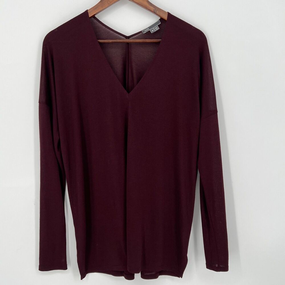 Vince Womens M Rayon Vneck Blouse Top Red Longsleeve Semisheer Comfort